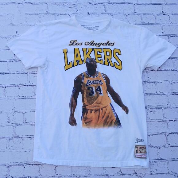White and yellow Mitchell and Ness hardwood classics tee - Picture 1 of 4